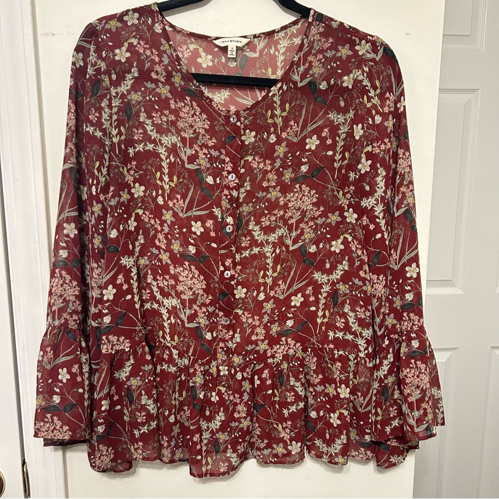 Max studio sheer burgundy chiffon floral blouse